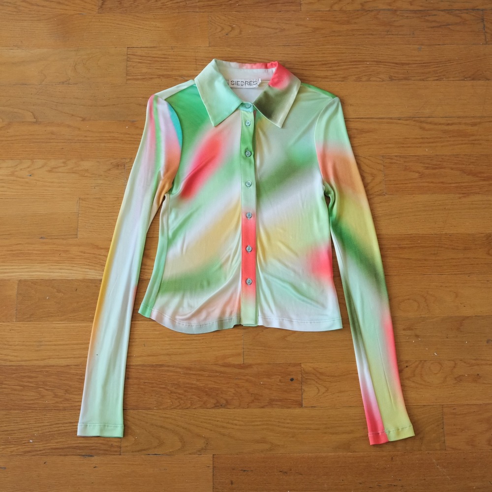 Siedres Tina Shirt Womens Green Pink Abstract Gradient Button Up XS Psychedelic
